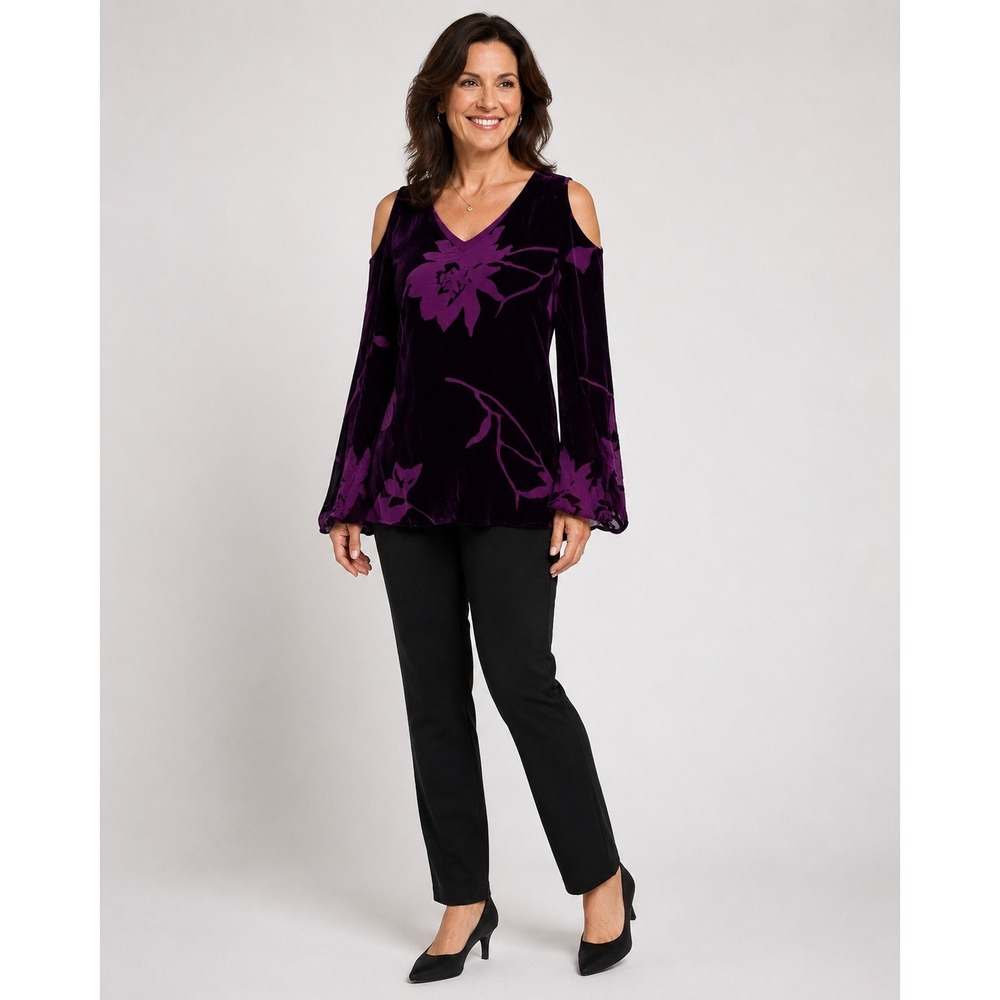 H by Halston Velvet Cold Shoulder Top Womens 6 Purple Floral‎ Whimsigoth Boho